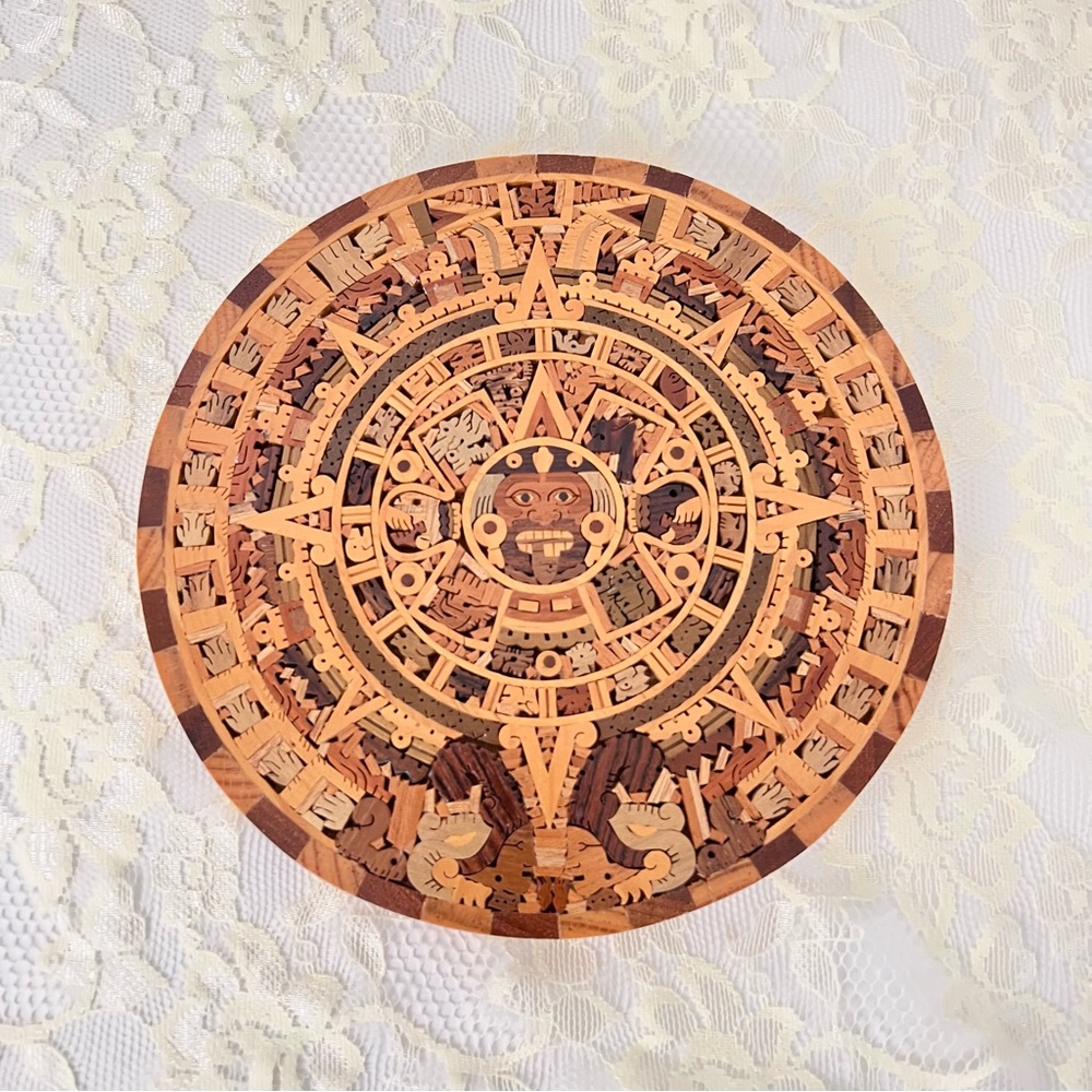 Exotic Wood Mosaic Round Wall Plaque of Aztec Calendar Cuauhxicalli Wall Decor